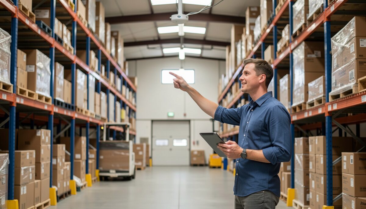 Engineer aiming a tablet at a ceiling access point in a warehouse.