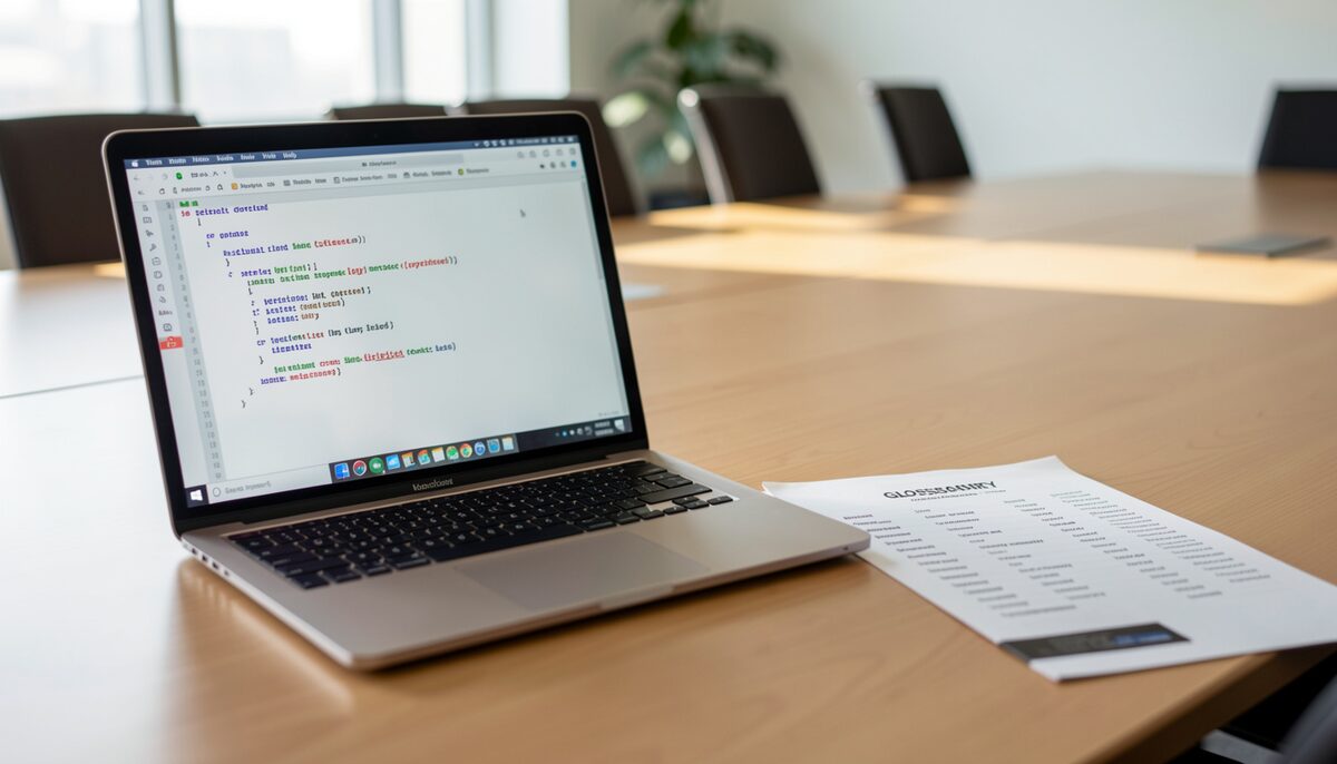 An open laptop on a conference table, ready for reviewing key 802.11ac terms.