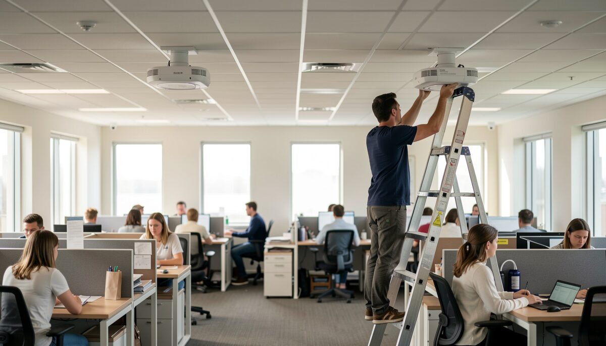 A technician adjusts a ceiling-mounted access point before enabling MU-MIMO for the office below.