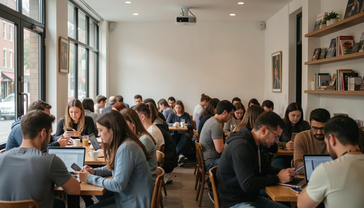 A busy café where many devices share one Wi-Fi 6 access point.