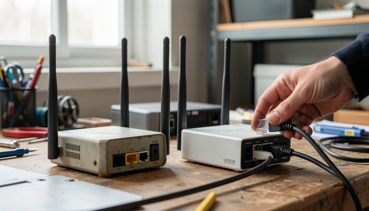 Two wireless routers side by side, comparing older 802.11n with newer 802.11ac hardware.