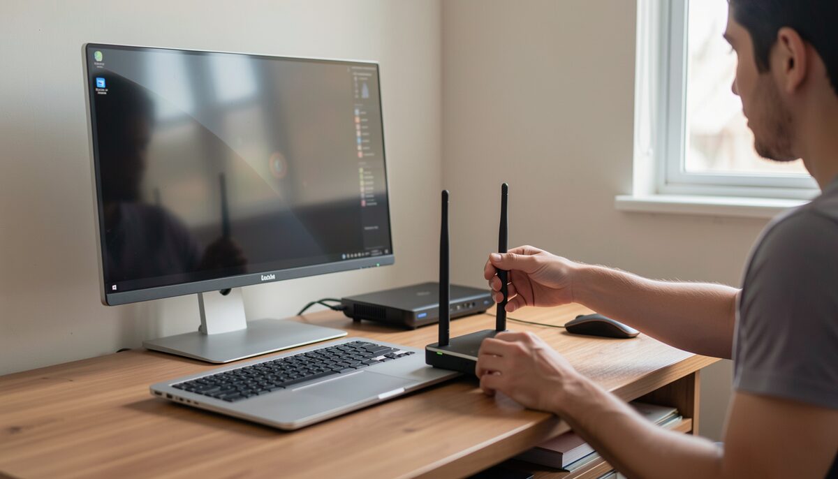 A tidy home office desk ready for fast 802.11ac Wi-Fi.