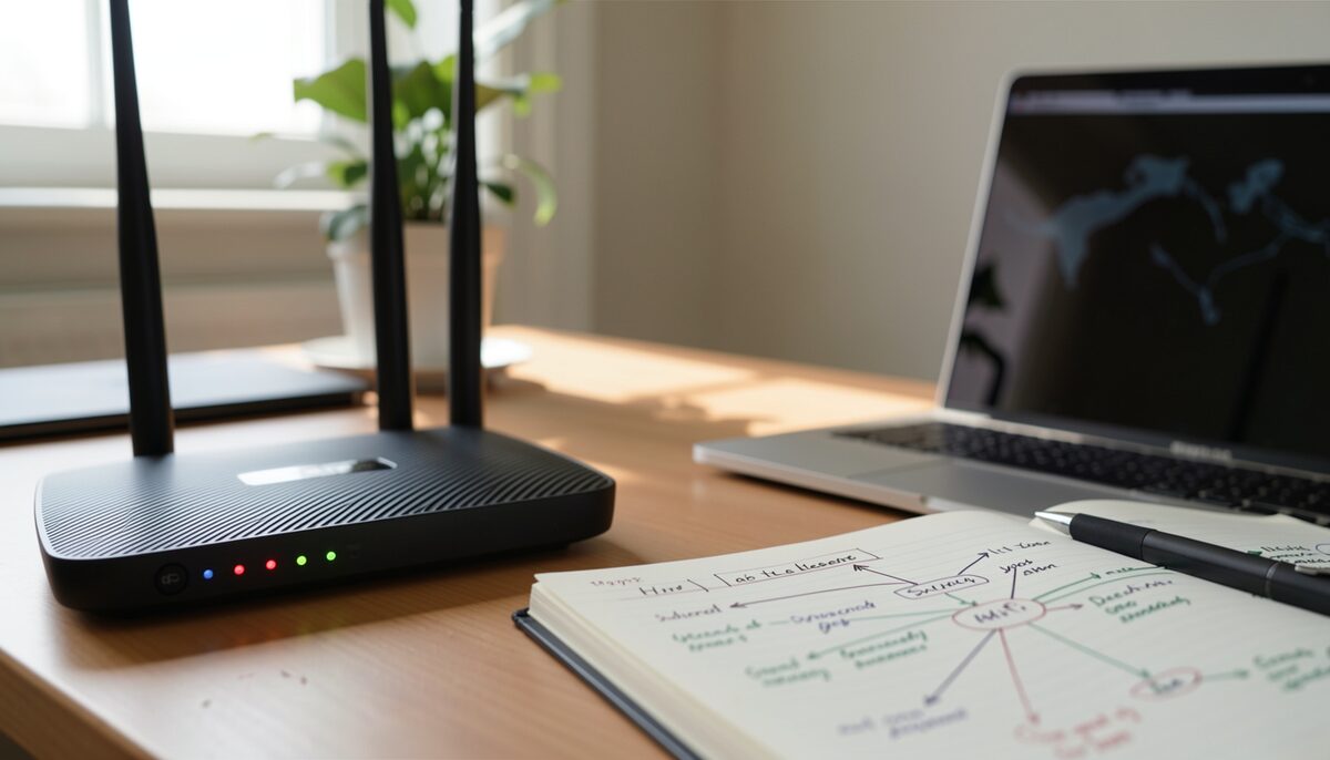 A Wi-Fi router's status LEDs indicate a connection using IEEE 802.11ac.