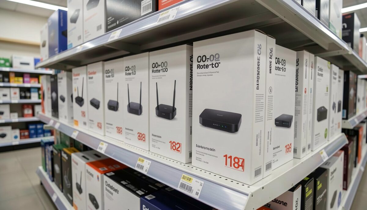 Router boxes on a store shelf, each labeled with a Wi-Fi generation number.